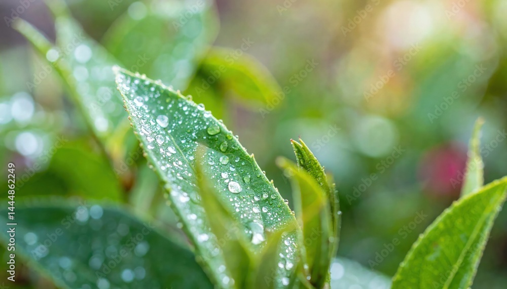 Close-up of dew-covered plant leaves symbolizing vitality and growth, soft focus Close-up of dew-covered plant leaves symbolizing vitality and growth, soft focus