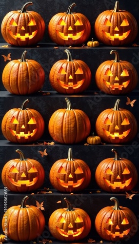A collage of various Halloween-themed pumpkins in different shapes and sizes, pumpkin, collage, arrangement