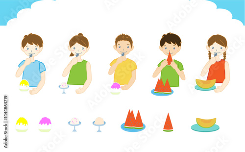 夏の冷たいスイーツや果物を食べる男の子と女の子のイラストセット