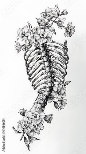 Floral Anatomy A Black and White Ink Drawing of Ribcage and Flowers