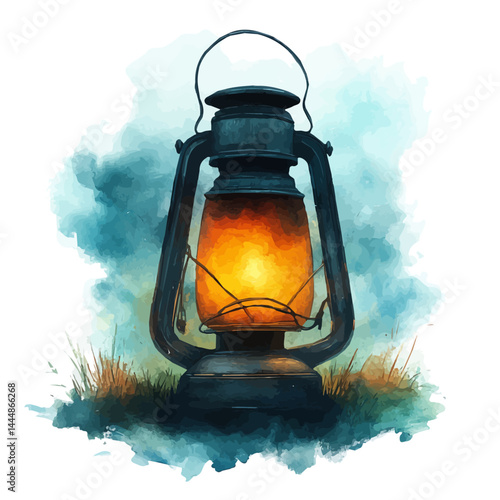 Classic Lantern With A Flickering Flame, watercolor vector, isolated on a white background.