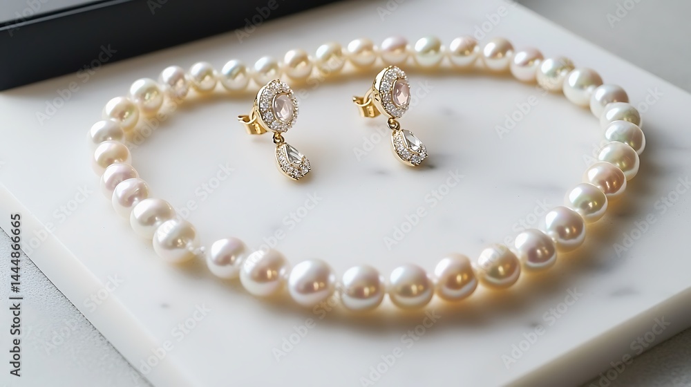 Necklace and earrings are displayed on a white surface Necklace and earrings are displayed on a white surface