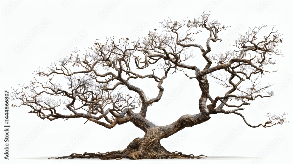 Obraz premium Mature, leafless tree with sprawling branches against white background.