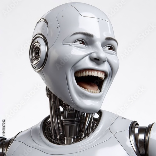 A futuristic robot head with human-like facial features expresses extreme joy and laughter,