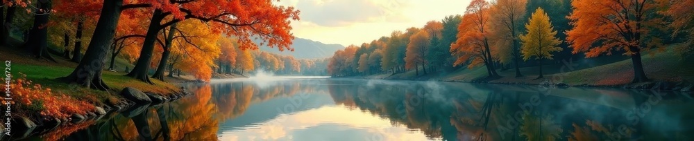 Fototapeta premium Majestic beech trees reflected in still water, green, morning