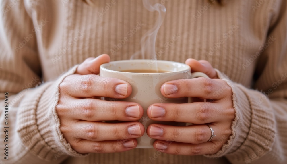 Cozy hands holding a steaming cup of coffee. Cozy hands holding a steaming cup of coffee.