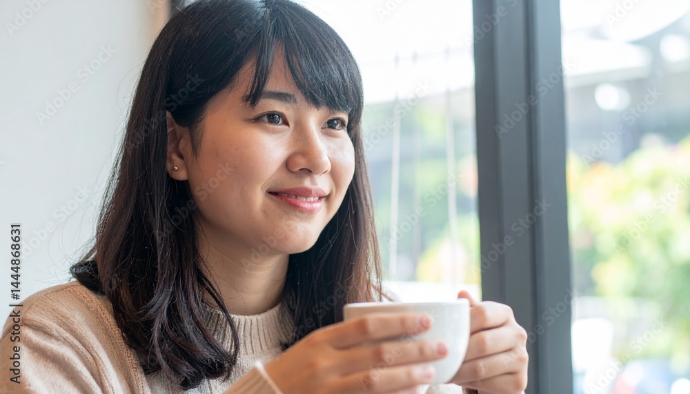 自然光が差し込むカフェで微笑む女性が届ける、穏やかで優しいカフェの風景 自然光が差し込むカフェで微笑む女性が届ける、穏やかで優しいカフェの風景