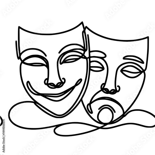 Theater masks representing drama and comedy in line art with one continuous unbroken line, vector outline of one line