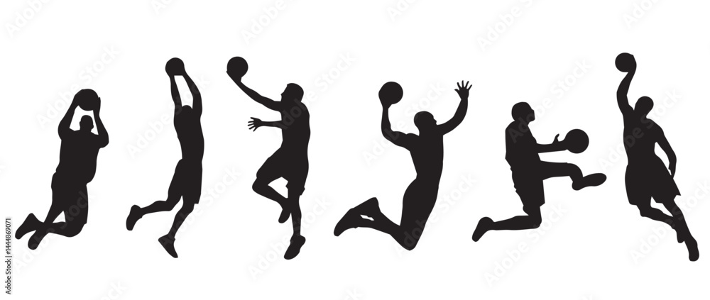 Naklejka premium Basketball Player Silhouettes Performing Slam Dunks – Vector Set