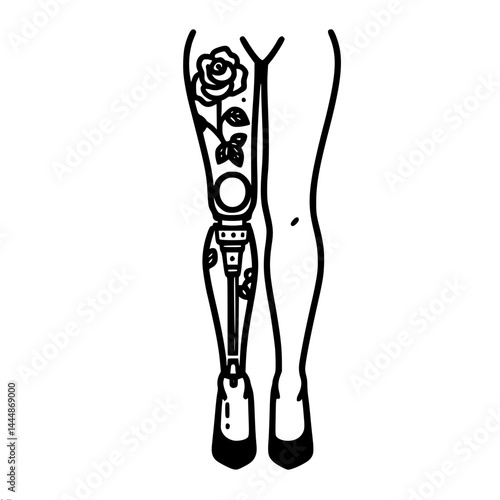 Stylized leg illustration with a rose tattoo on a prosthetic limb, single line outline vector  