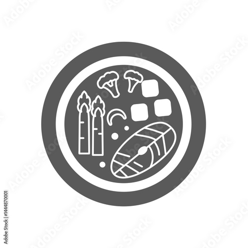 Healthy Meal Plate: A minimalist illustration of a balanced meal on a plate, featuring fish, asparagus, broccoli and other healthy ingredients,  representing a healthy lifestyle and nutrition.