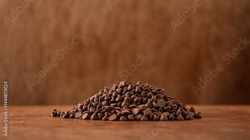 Close-Up of a Pile of Chocolate Chips on a Rustic Wooden Table with Soft Brown Background for Culinary and Baking Concepts