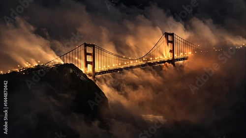 Golden Gate Bridge enveloped in fog while illuminated at night, Golden Gate Bridge with flowing fog timelapse at night