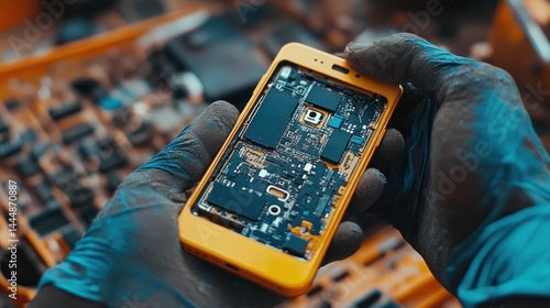 Repair technician holding disassembled cellphone with circuit board exposed.