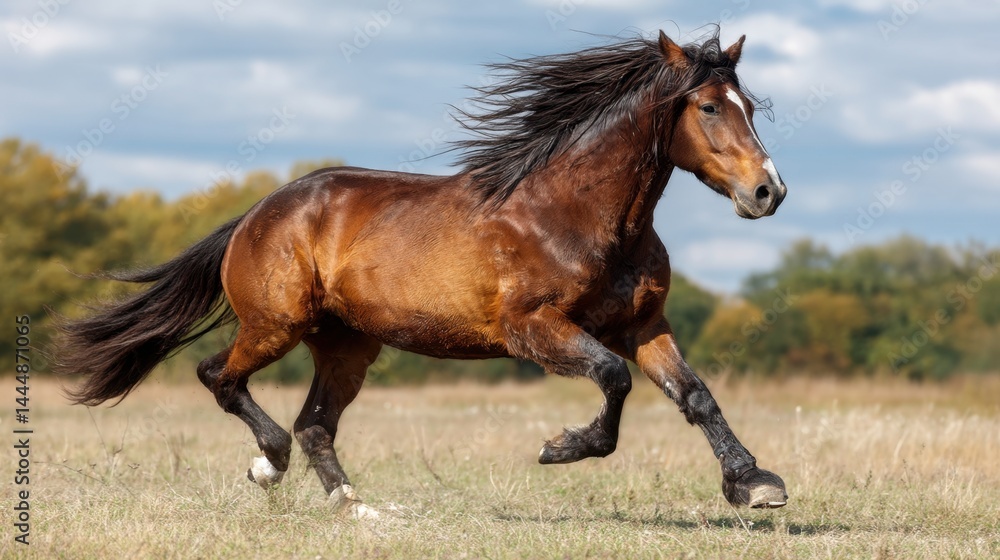 Galloping Brown Horse in Autumn Meadow Galloping Brown Horse in Autumn Meadow
