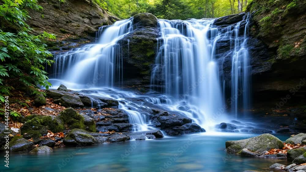 Cascading waters: a mesmerizing waterfall flowing over rocks into a serene pool beneath a lush forest canopy Cascading waters: a mesmerizing waterfall flowing over rocks into a serene pool beneath a lush forest canopy