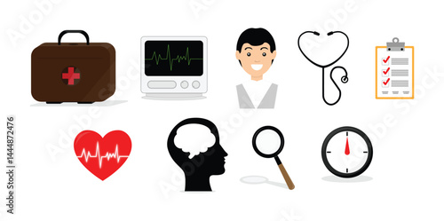 Medical and Healthcare Icons – Doctor, Stethoscope, Heartbeat, and First Aid Vector Set