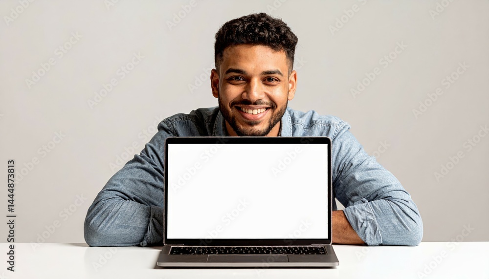 Happy young man smiling behind a laptop with a blank screen perfect for your design Happy young man smiling behind a laptop with a blank screen perfect for your design