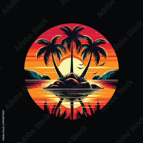 a tropical island at sunset