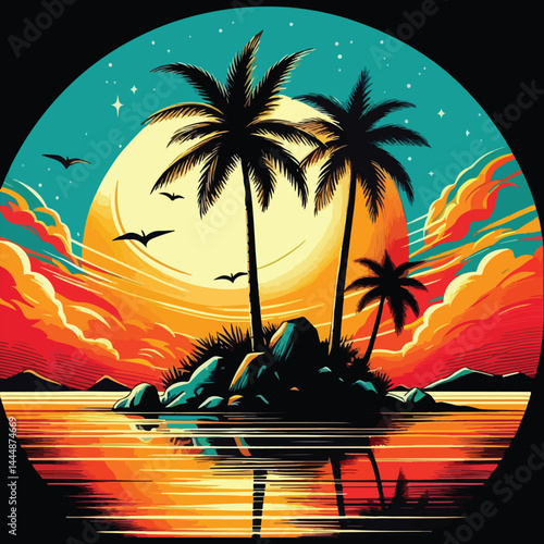 Tropical Beach at Sunset with Island