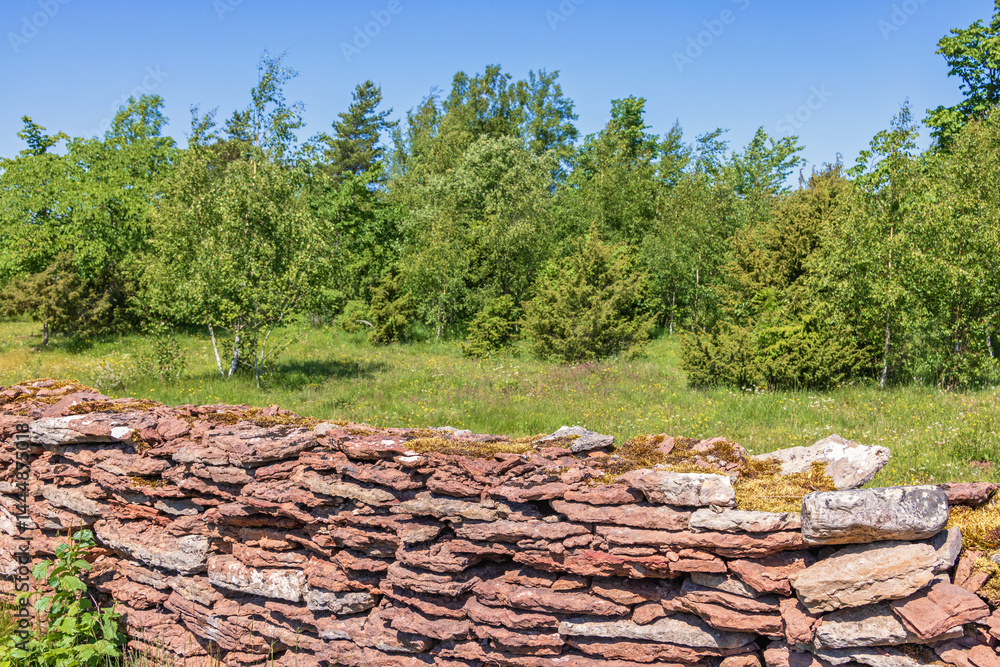 Limestone slate stone wall on a meadow with lush green trees Limestone slate stone wall on a meadow with lush green trees