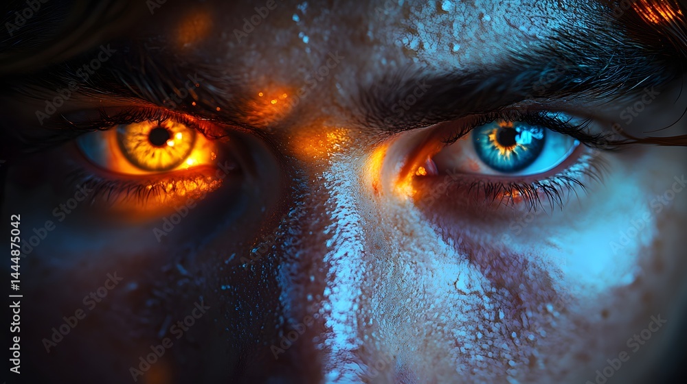 Naklejka premium Intense stare with heterochromia, one eye with golden glow, the other with blue light, creating a striking contrast on a transparent background, PNG image, PNG file.