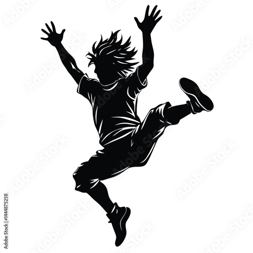 Silhouette Of Person Jumping High with Joy and Happiness, Arms Up, Dynamic Movement