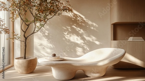 Sculptural Stone Bath in Minimalist Beige Interior