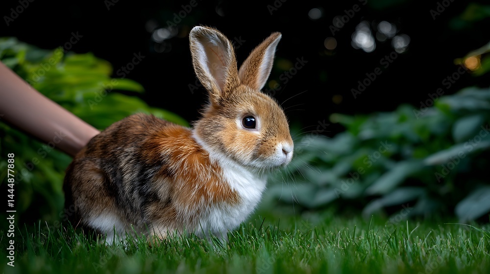 Fototapeta premium Calm rabbit nestled in green grass with a teenager gently brushing its soft fur in care