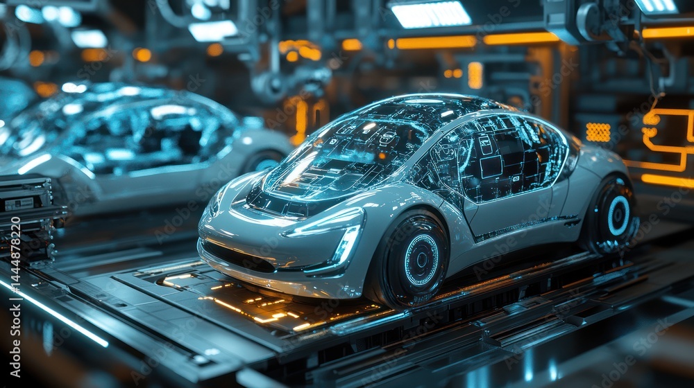 Futuristic automobiles on automated assembly lines, embodying technological advancement Futuristic automobiles on automated assembly lines, embodying technological advancement