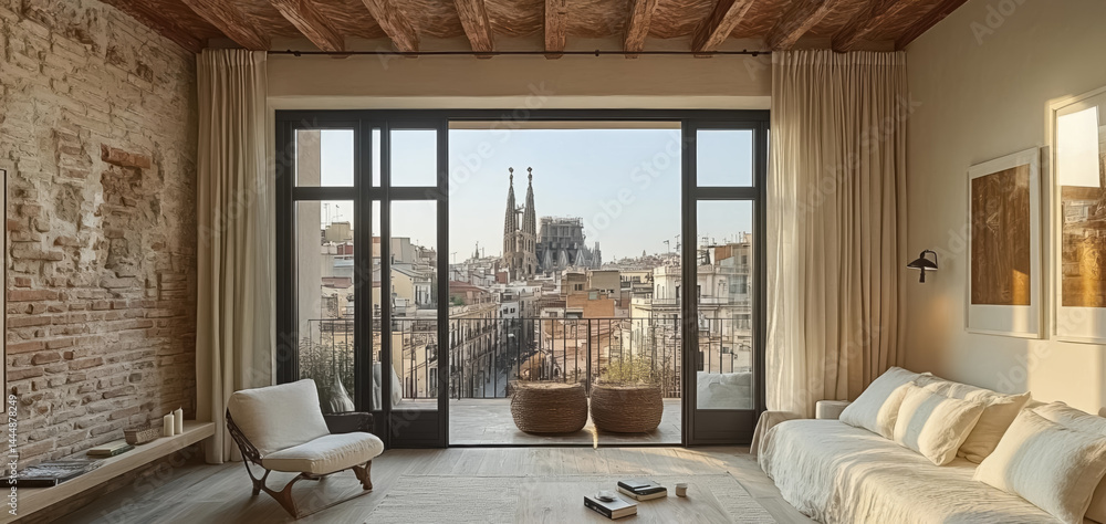 A room with Catalan flair, featuring a juliet balcony