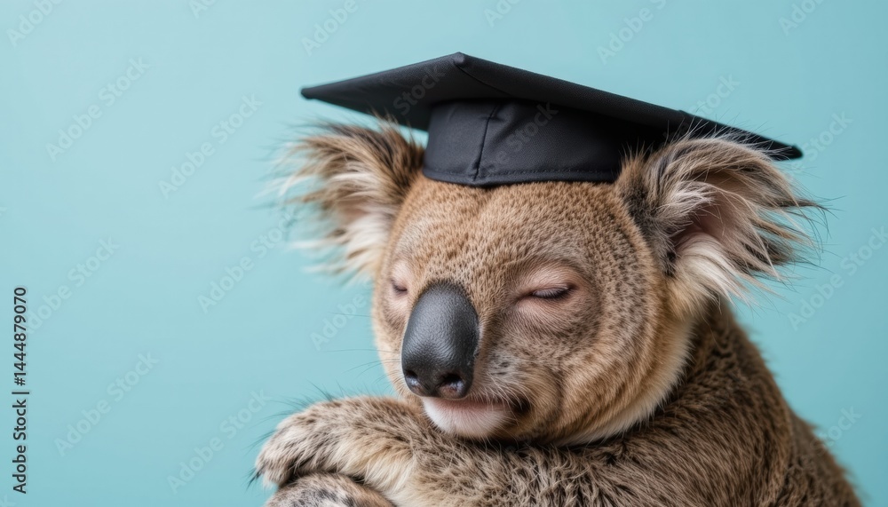 Obraz premium Graduating koala wearing a cap against a teal background.