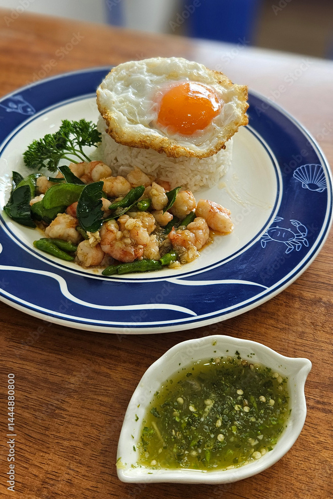 Stir fried prawn with bird’s eye chilies with streamed rice serving on blue plate