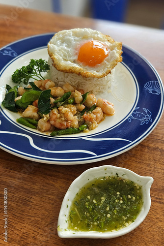 Obraz na płótnie Stir fried prawn with bird’s eye chilies with streamed rice serving on blue plate w salonie