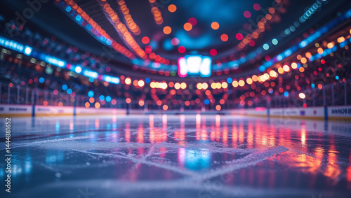 Fototapeta Naklejka Na Ścianę i Meble -  An atmospheric shot captures the vibrant lights reflecting on the ice of a hockey arena at night.
