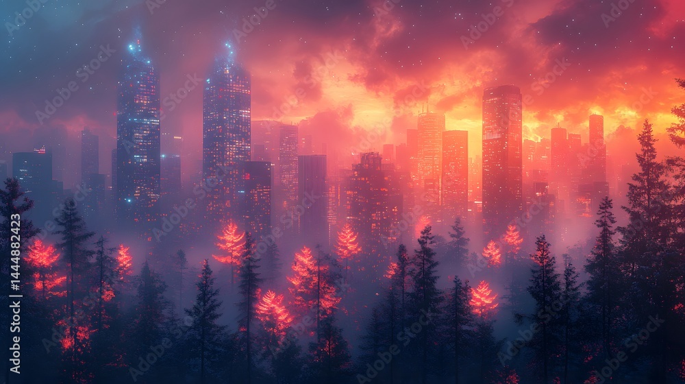 Obraz premium Cityscape silhouette with glowing skyline seen through a pine forest at night, warm colors evoke a sense of wonder on a transparent background, PNG image, PNG file.