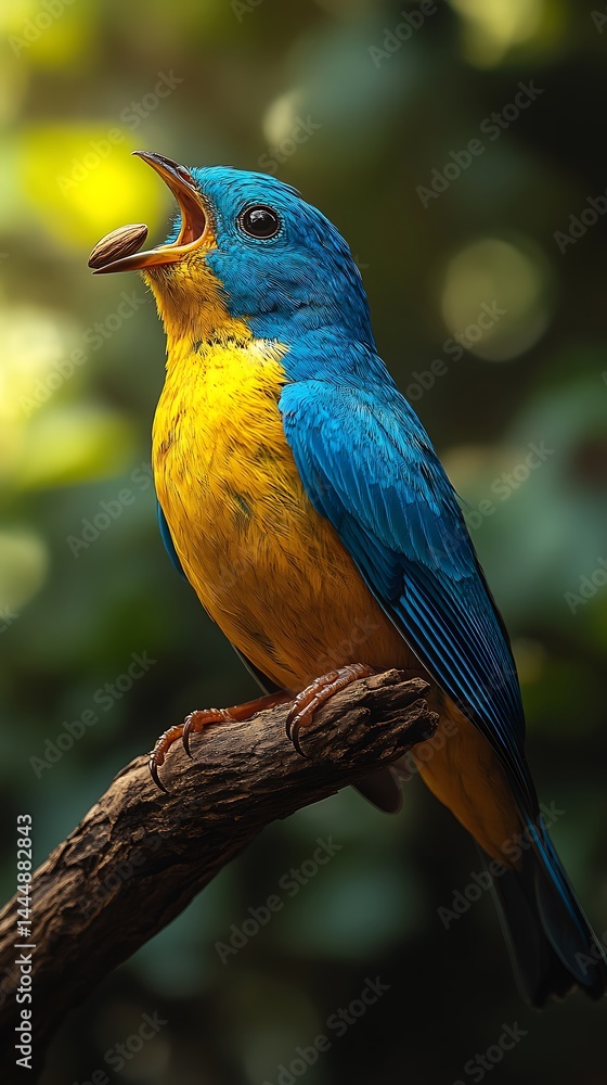 Fototapeta premium Vivid blue and gold bird perched, catching food