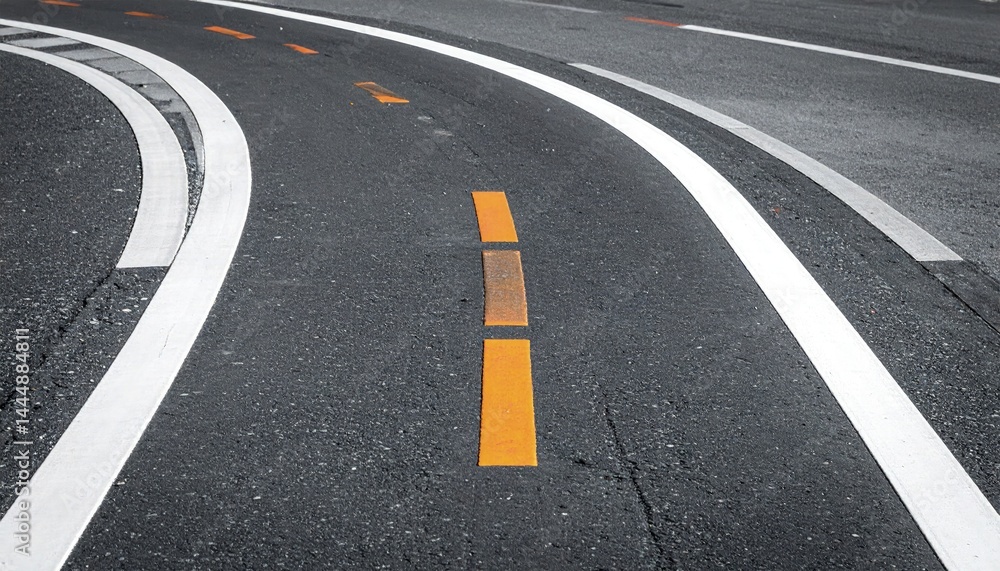 Road pattern with lane lines forming a ribbon of safety, grayscale with accent color Road pattern with lane lines forming a ribbon of safety, grayscale with accent color