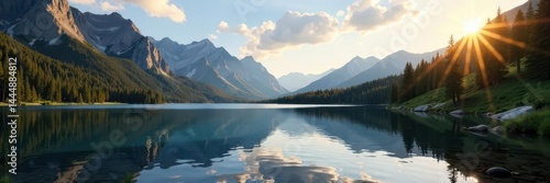Sunlit West Tensleep Lake, Wyoming's rugged peaks reflect in tranquil water , west, wild