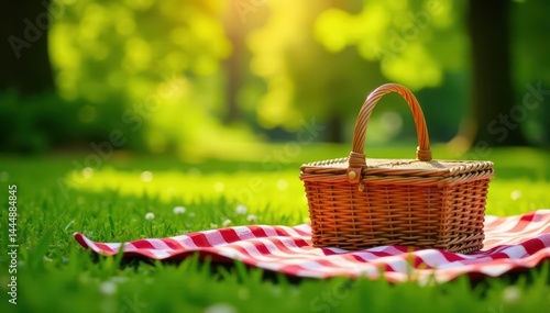 Sunny day, checkered blanket, picnic basket, lush green grass, smiles, happy