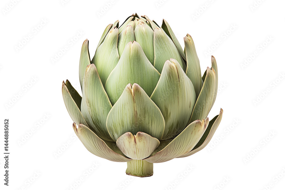 Fototapeta premium Single fresh green artichoke with detailed texture isolated on white transparent background. Concept of healthy eating, organic food, and vegetarian diet