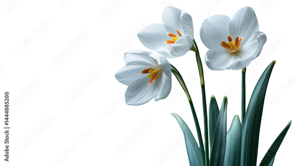 Fototapeta premium delicate snowdrop blossom with pure white petals gently drooping, presented on transparent background 