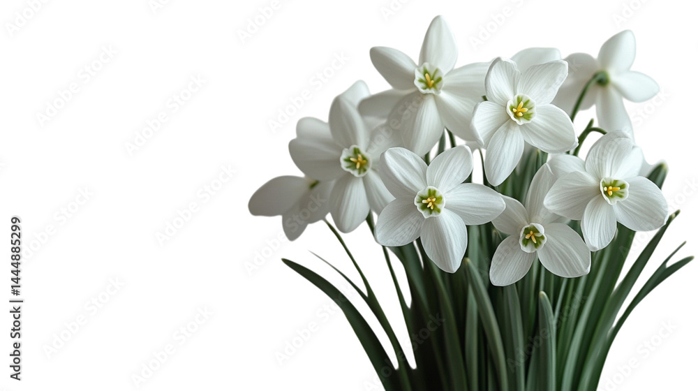 Fototapeta premium delicate snowdrop blossom with pure white petals gently drooping, presented on transparent background 