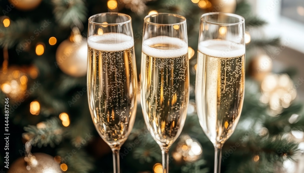 Sparkling Champagne Flutes against Festive Christmas Tree Lights Celebrating the Holidays Sparkling Champagne Flutes against Festive Christmas Tree Lights Celebrating the Holidays