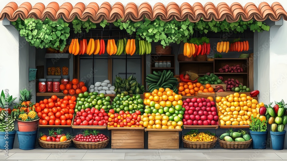 custom made wallpaper toronto digitalVibrant market stall filled with fresh fruits and vegetables under a leafy canopy