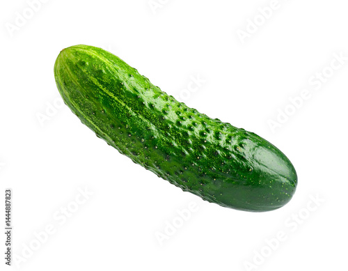 One whole cucumber floating in minimal composition, white studio background, high-resolution and natural color grading