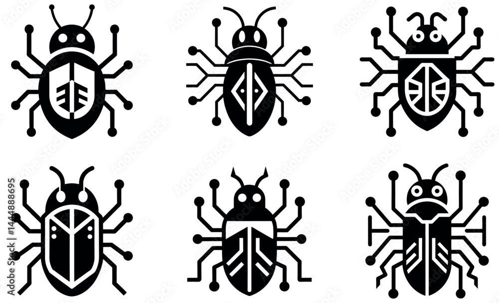 Fototapeta premium Cyber Bug Vector Icons Set – Tech Insect Symbols for Malware, Circuitry, Security