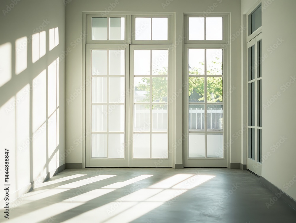 Fototapeta premium An empty room with many windows and beautiful hardwood floors