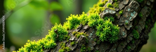 Rough oak bark, richly coated with vibrant green moss and speckled lichen , lichen, surface