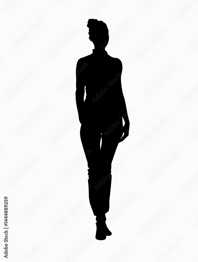Fototapeta premium Woman is walking in a white background. She is wearing black pants and a black shirt